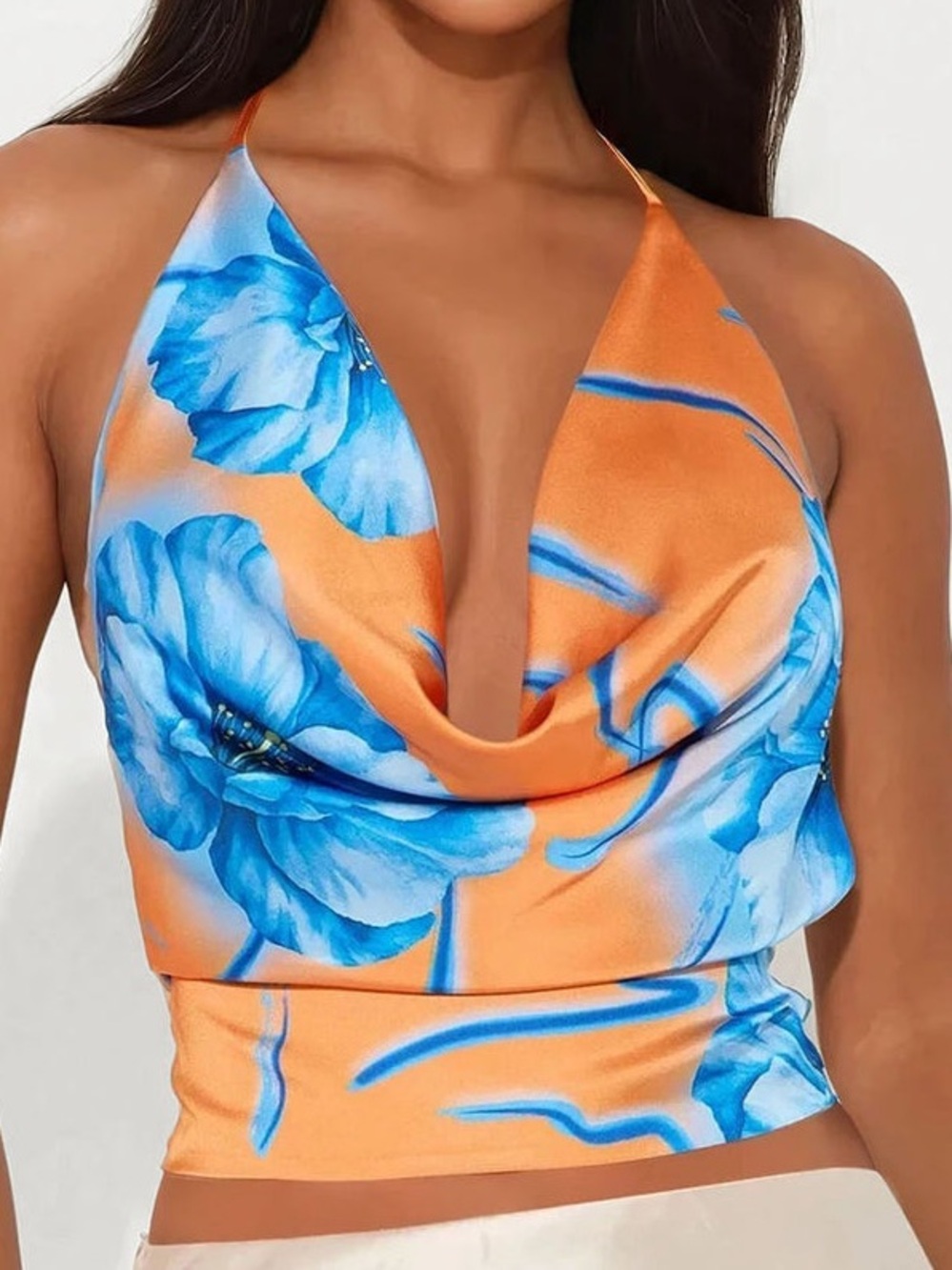 TROPICAL SATIN HALTER TOP - NEW